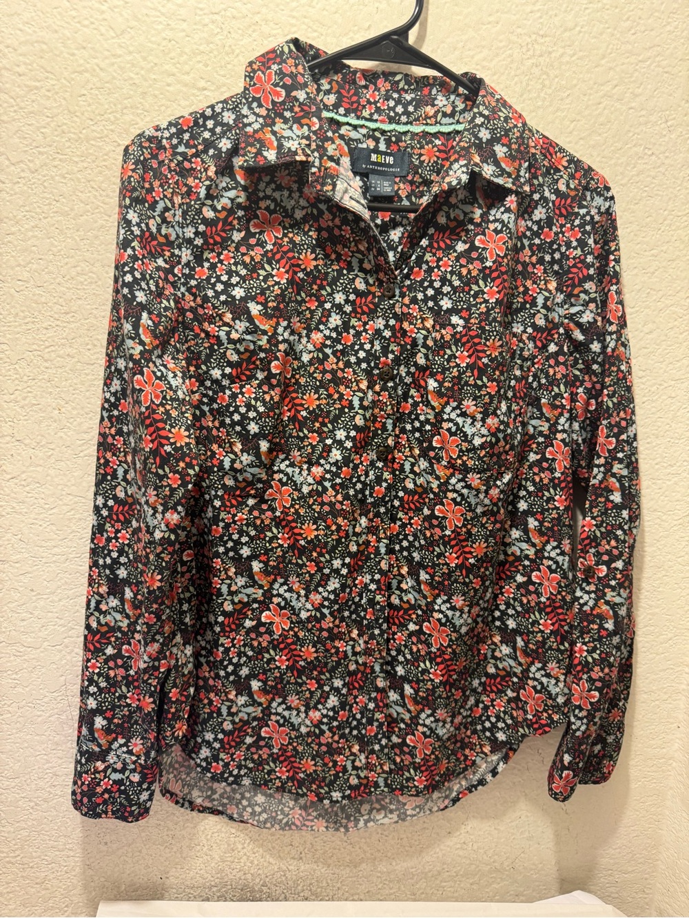 Anthropologie Maeve Black Floral Button-Down Shirt with Coral and White Accents